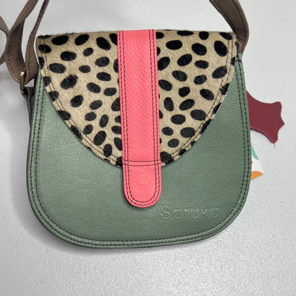 Soruka Ferrara Leather Crossbody Bag Green Pink Calf Hair Animal Print Purse NEW
